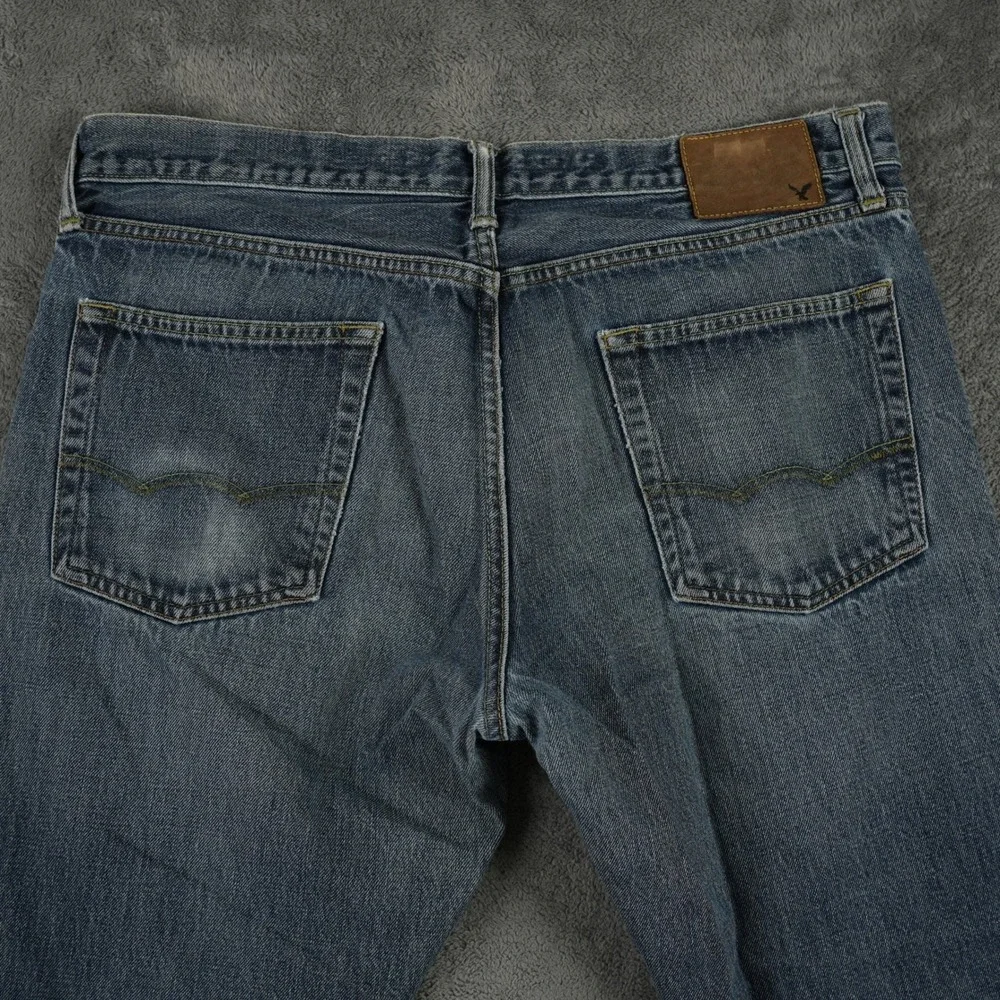 American Eagle Jeans Mens 36x30 Blue Distressed Slim Straight Button Fly USA